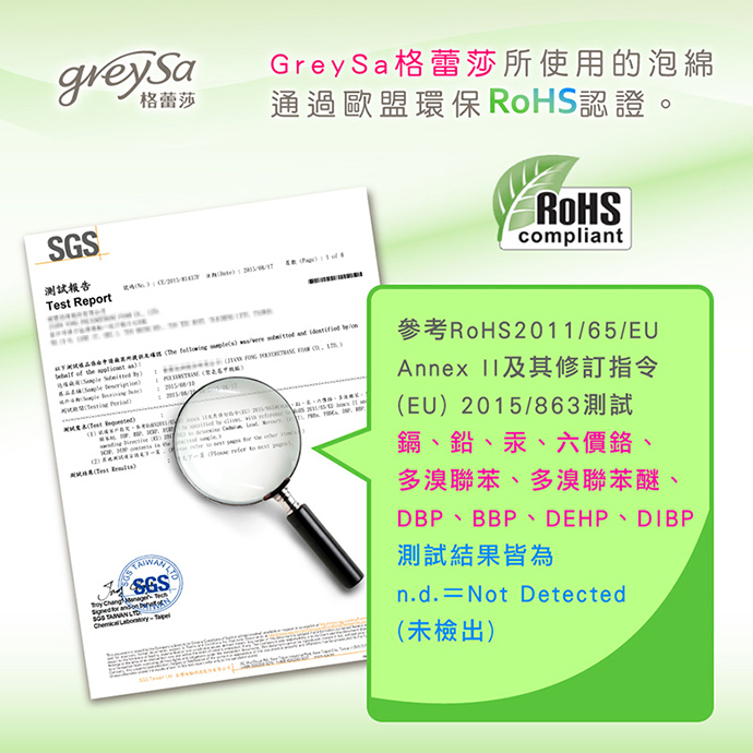 GreySa格蕾莎所使用的泡綿通過歐盟環保RoHS認證