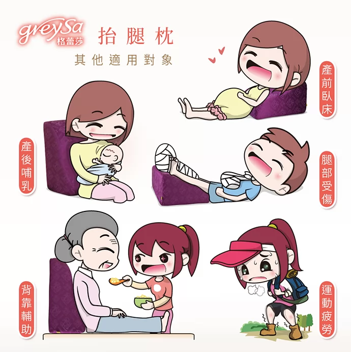 GreySa格蕾莎抬腿枕其他適用對象: 產前孕婦如有上半身抬高臥床的需求、產後哺乳餵奶媽咪腰背靠支撐、腿部車禍骨折受傷的患者如有患部抬高的需求、家中有銀髮族長輩老人家需背靠輔助餵食、運動過後乳酸堆積痠痛紓緩  GreySa格蕾莎抬腿枕其他適用對象: 產前孕婦如有上半身抬高臥床的需求、產後哺乳餵奶媽咪腰背靠支撐、腿部車禍骨折受傷的患者如有患部抬高的需求、家中有銀髮族長輩老人家需背靠輔助餵食、運動過後乳酸堆積痠痛紓緩
