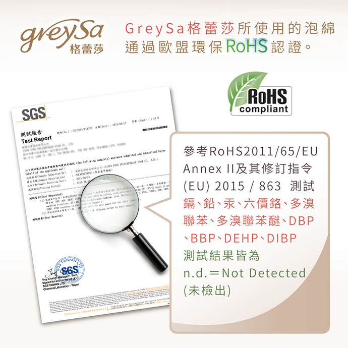GreySa格蕾莎所使用的泡綿通過歐盟環保RoHS認證。 