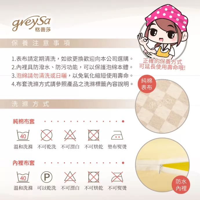 保養注意事項 1. 表布請定期清洗，如欲更換歡迎向本公司選購。 