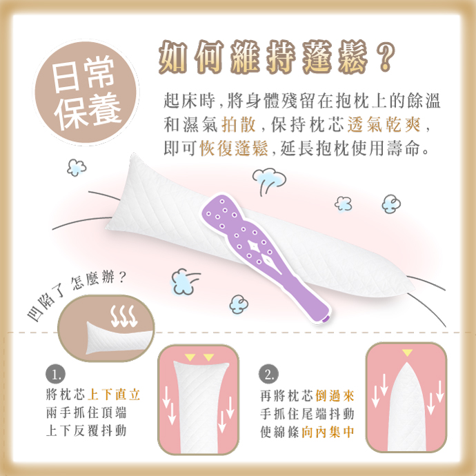 日常保養 如何維持蓬鬆? 起床時，將身體殘留在抱枕上的餘溫和濕氣拍散，保持棉花透氣乾爽，即可恢復蓬鬆，延長抱枕使用壽命。 如何避免凹陷? 用雙手或拍打棒拍打凹陷處的兩側，使棉花集中。